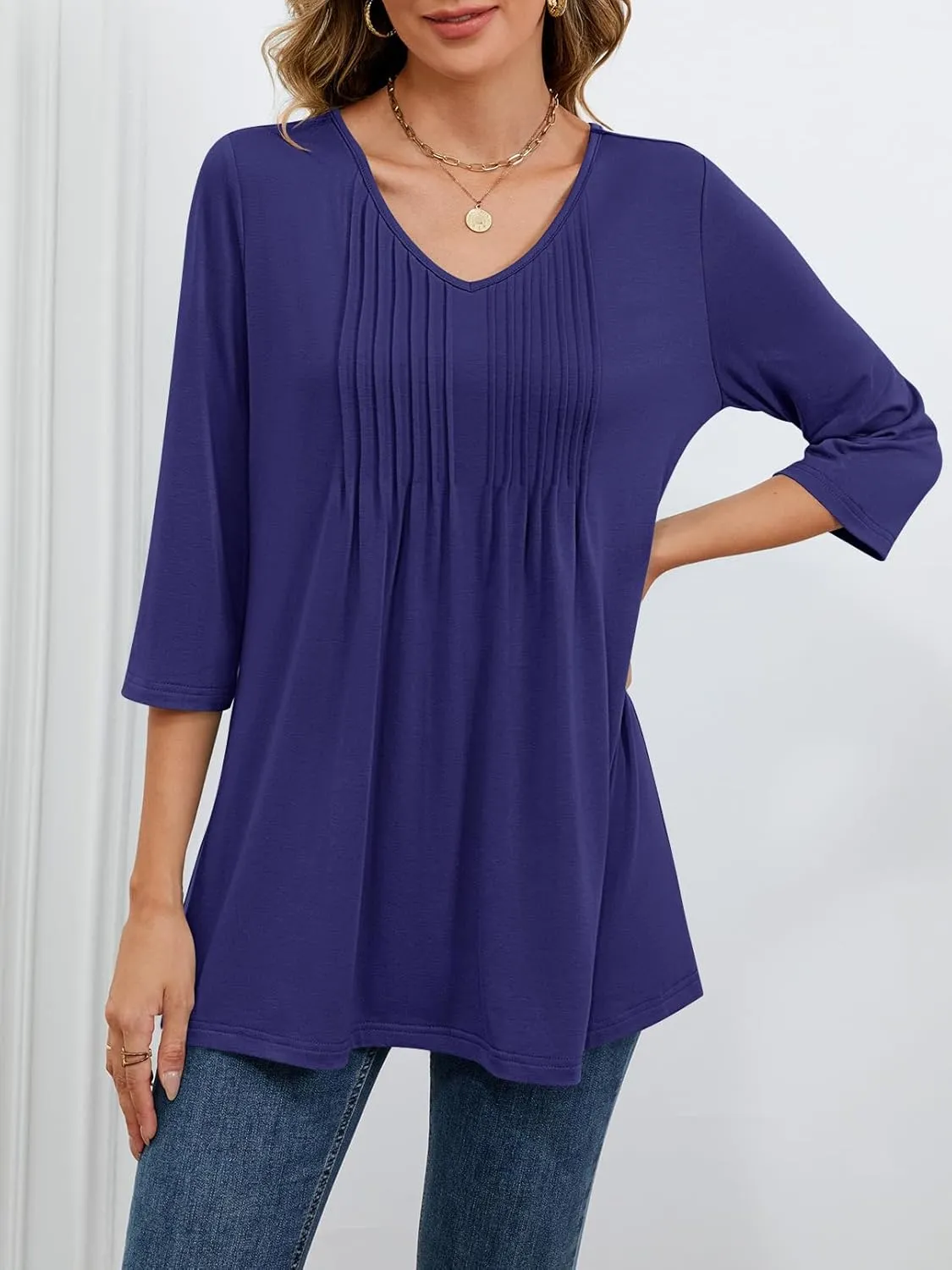 MEROKEETY 3/4 Length Sleeve Womens Tops Summer Casual Pleated Tunic Tops Loose Fit Shirts Blouses