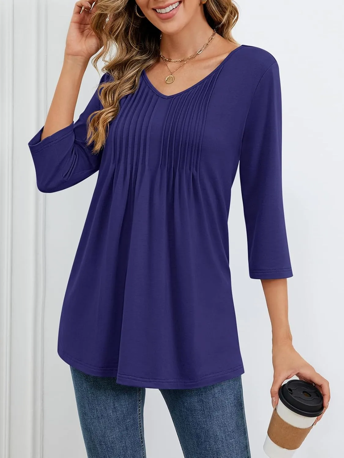 MEROKEETY 3/4 Length Sleeve Womens Tops Summer Casual Pleated Tunic Tops Loose Fit Shirts Blouses