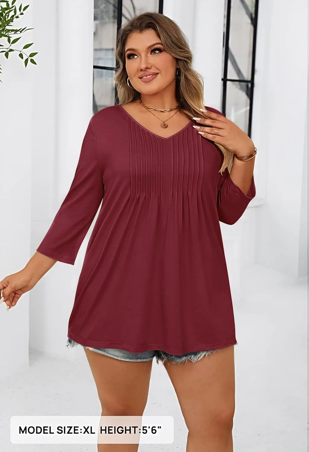 MEROKEETY 3/4 Length Sleeve Womens Tops Summer Casual Pleated Tunic Tops Loose Fit Shirts Blouses