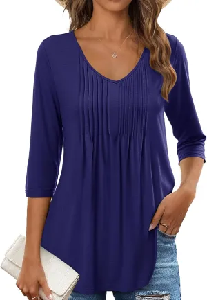 MEROKEETY 3/4 Length Sleeve Womens Tops Summer Casual Pleated Tunic Tops Loose Fit Shirts Blouses