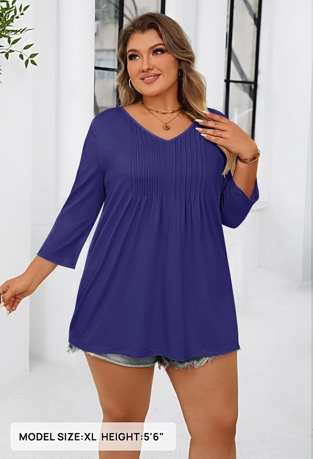 MEROKEETY 3/4 Length Sleeve Womens Tops Summer Casual Pleated Tunic Tops Loose Fit Shirts Blouses