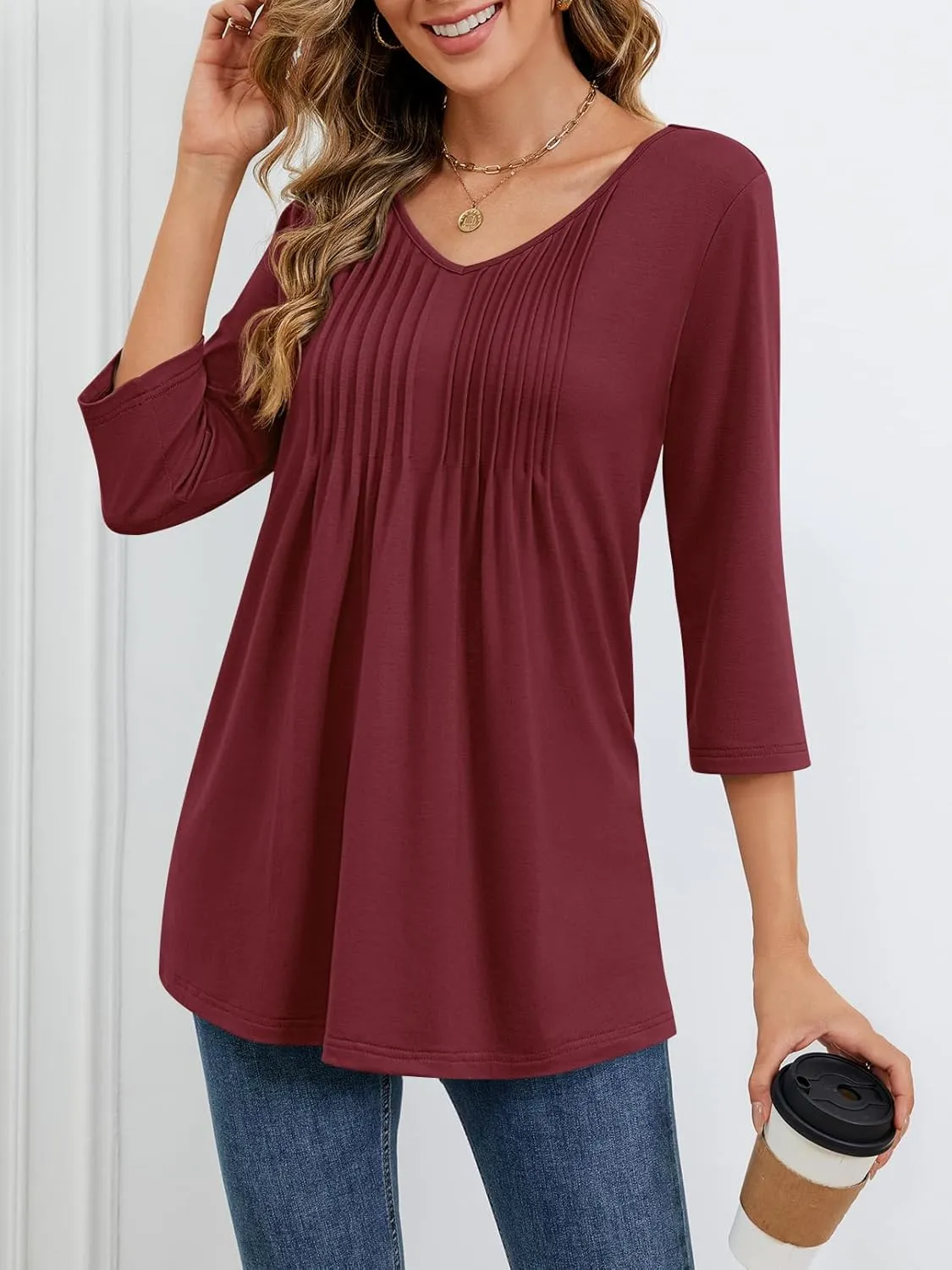 MEROKEETY 3/4 Length Sleeve Womens Tops Summer Casual Pleated Tunic Tops Loose Fit Shirts Blouses