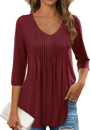 MEROKEETY 3/4 Length Sleeve Womens Tops Summer Casual Pleated Tunic Tops Loose Fit Shirts Blouses