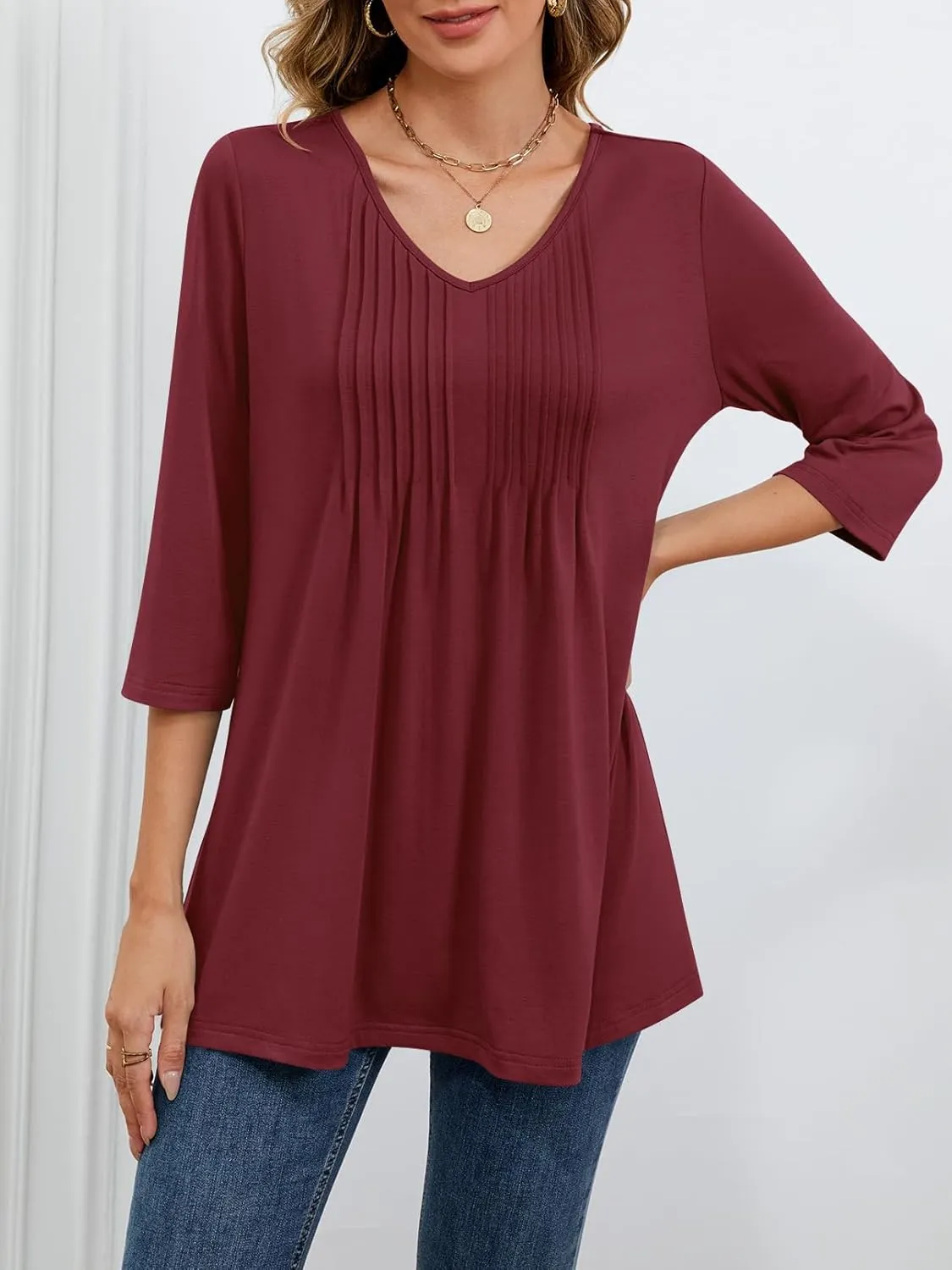 MEROKEETY 3/4 Length Sleeve Womens Tops Summer Casual Pleated Tunic Tops Loose Fit Shirts Blouses
