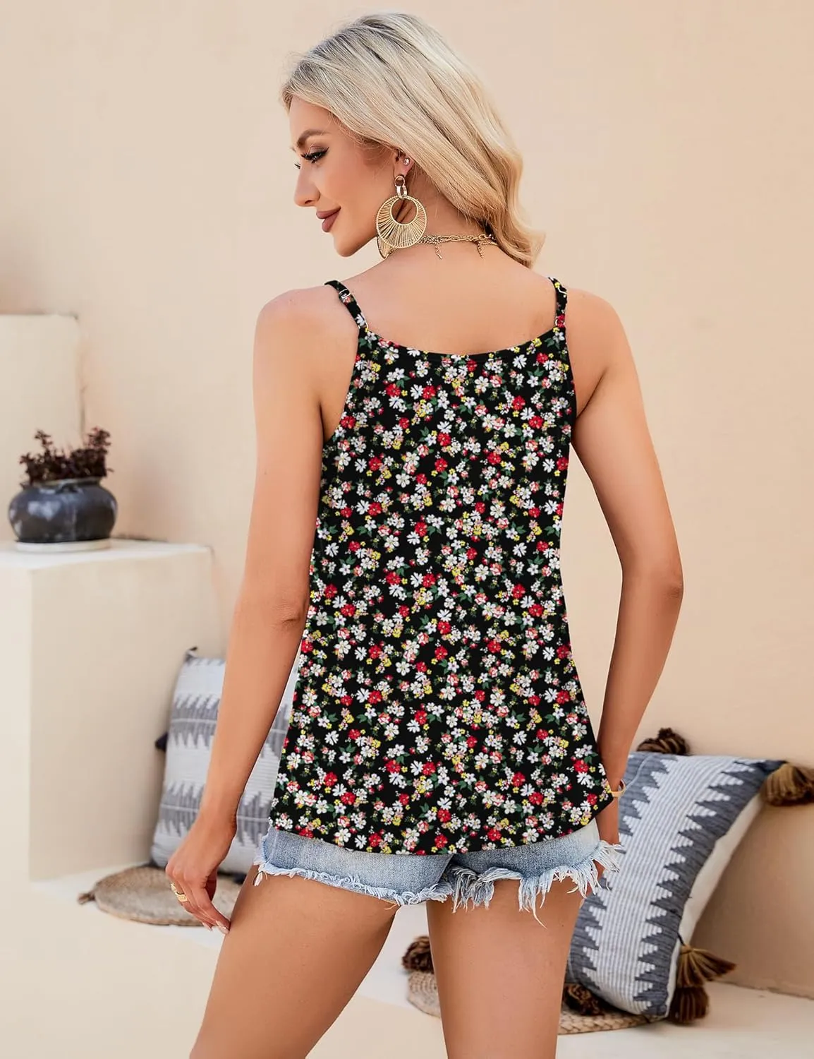 Micoson Women Scoop Neck Tank Tops Sleeveless Adjustable Spaghetti Strap Camisole Casual Pleated Basic Shirt