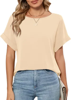 MIHOLL Womens Tops Dressy Casual Short Sleeve Solid Color Chiffon Blouses Summer Basic T Shirts