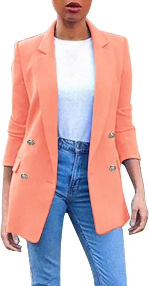 Miyaomn Short Sleeve Button up Women Womens Solid Color Casual Office Blazer Suit Jacket Slim Fit Double Breasted Notched Shawl Collar Sports Coat Outwear(Coral,XX-Large)
