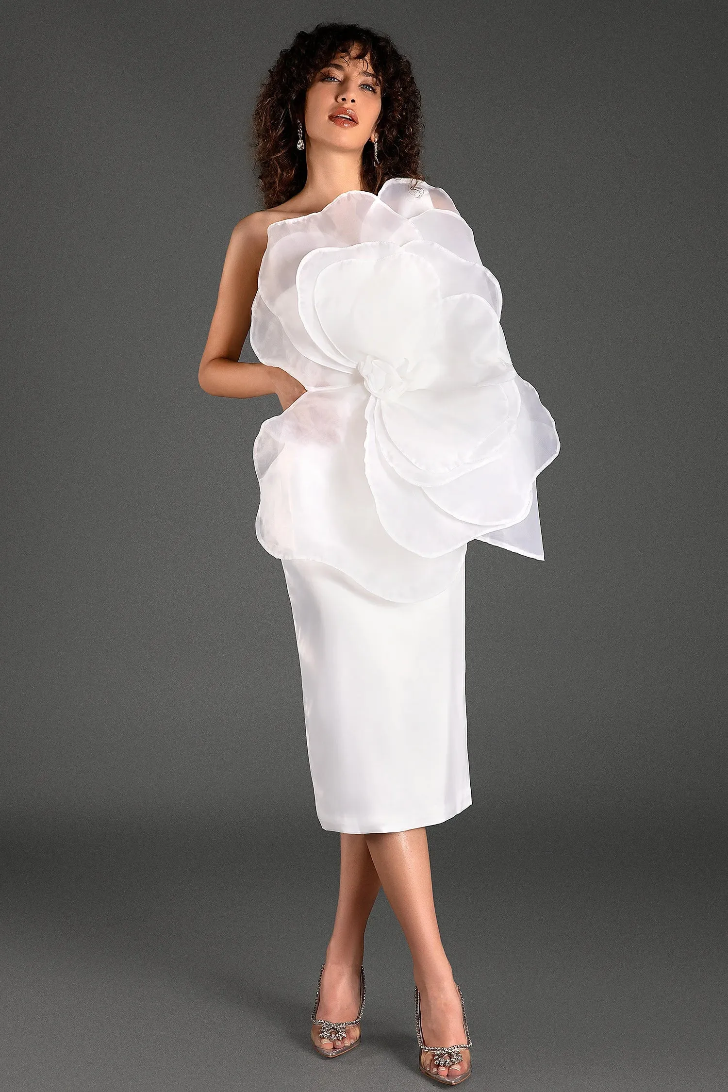 Mustelis One Shoulder 3D Floral Midi Dress