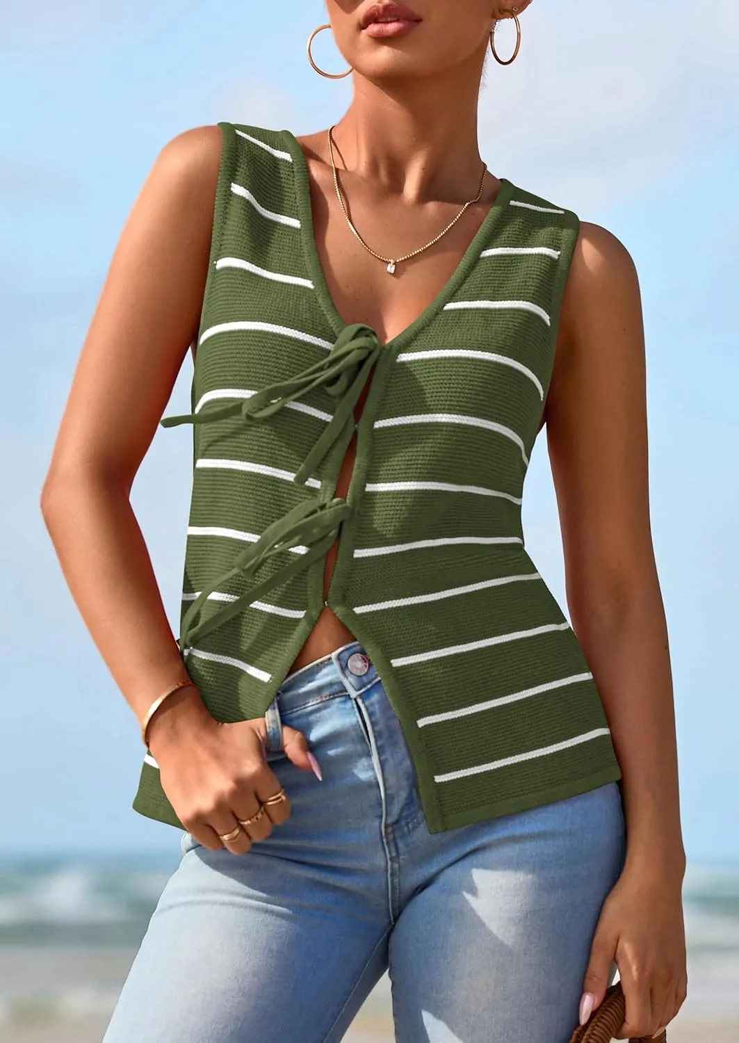 NALANISA Women's 2025 Summer Trendy Tank Tops Crochet Knit V Neck Sleeveless Tie Front Striped Sweater Vests Beach Outfits