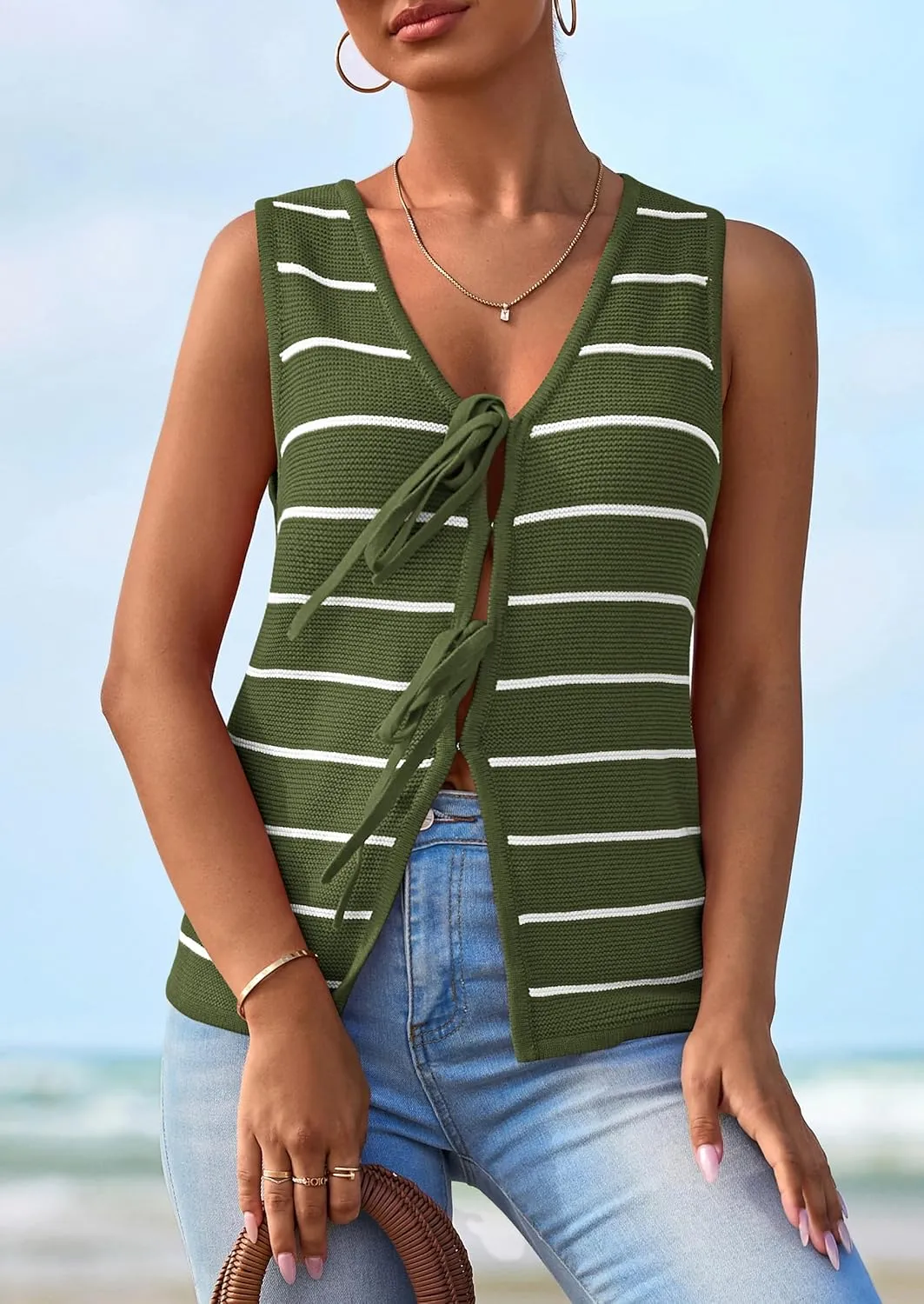 NALANISA Women's 2025 Summer Trendy Tank Tops Crochet Knit V Neck Sleeveless Tie Front Striped Sweater Vests Beach Outfits