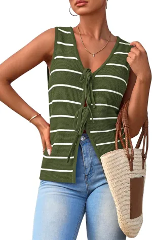 NALANISA Women's 2025 Summer Trendy Tank Tops Crochet Knit V Neck Sleeveless Tie Front Striped Sweater Vests Beach Outfits