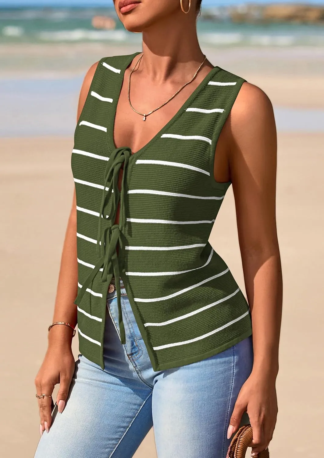 NALANISA Women's 2025 Summer Trendy Tank Tops Crochet Knit V Neck Sleeveless Tie Front Striped Sweater Vests Beach Outfits