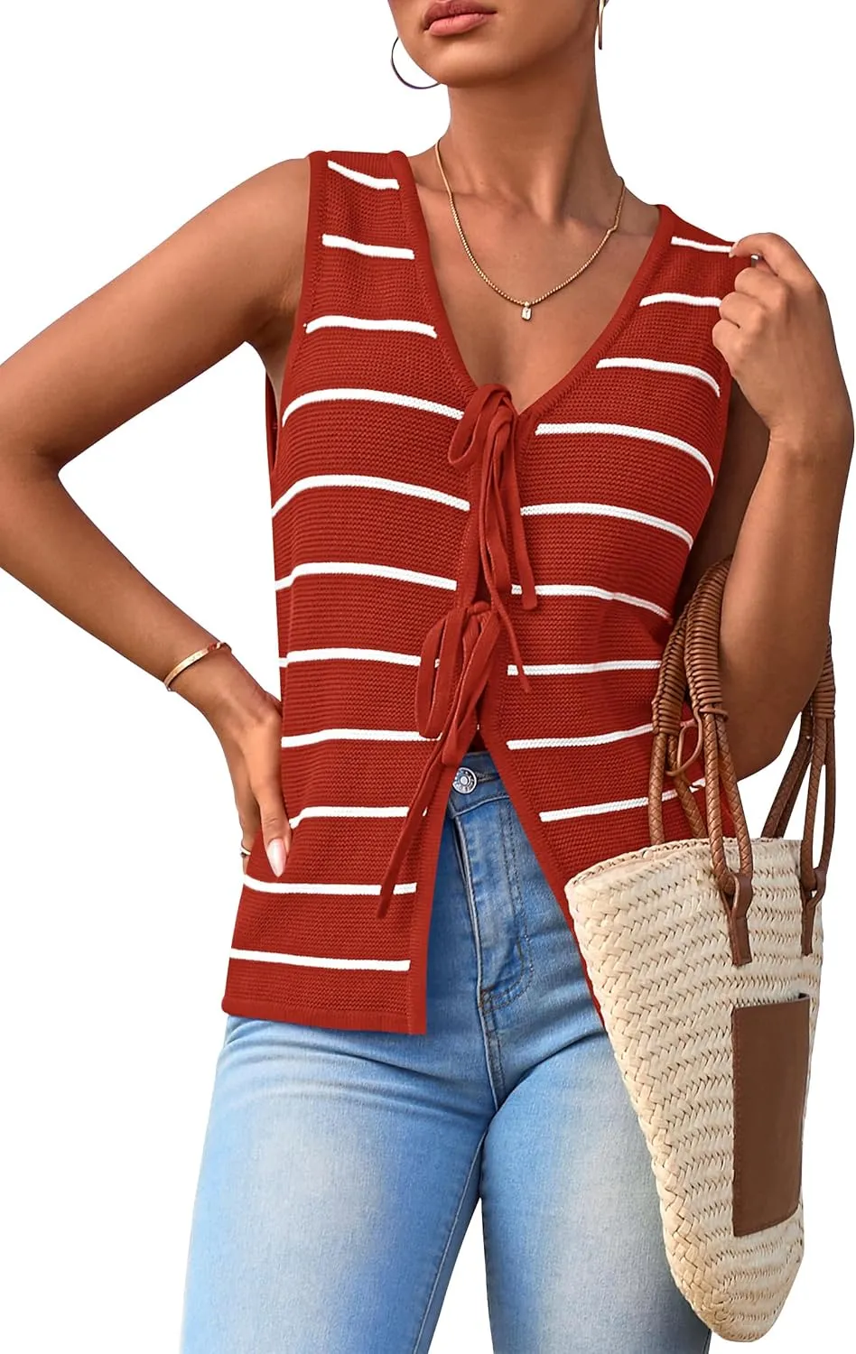 NALANISA Women's 2025 Summer Trendy Tank Tops Crochet Knit V Neck Sleeveless Tie Front Striped Sweater Vests Beach Outfits