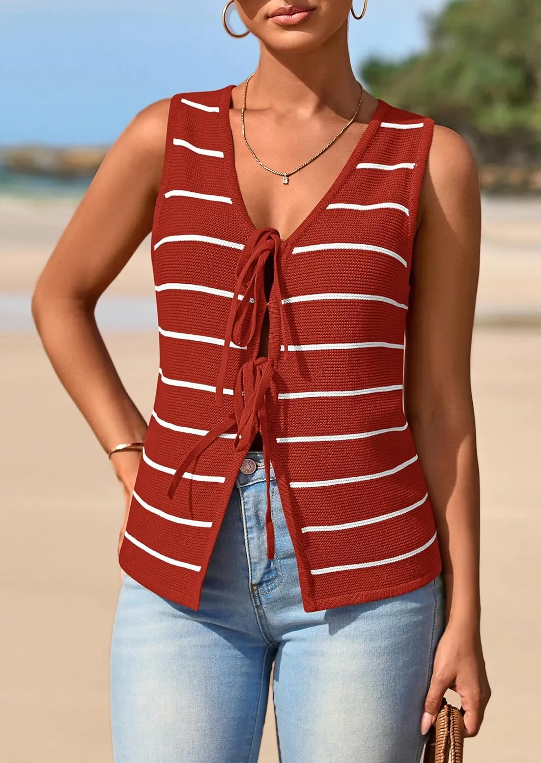 NALANISA Women's 2025 Summer Trendy Tank Tops Crochet Knit V Neck Sleeveless Tie Front Striped Sweater Vests Beach Outfits