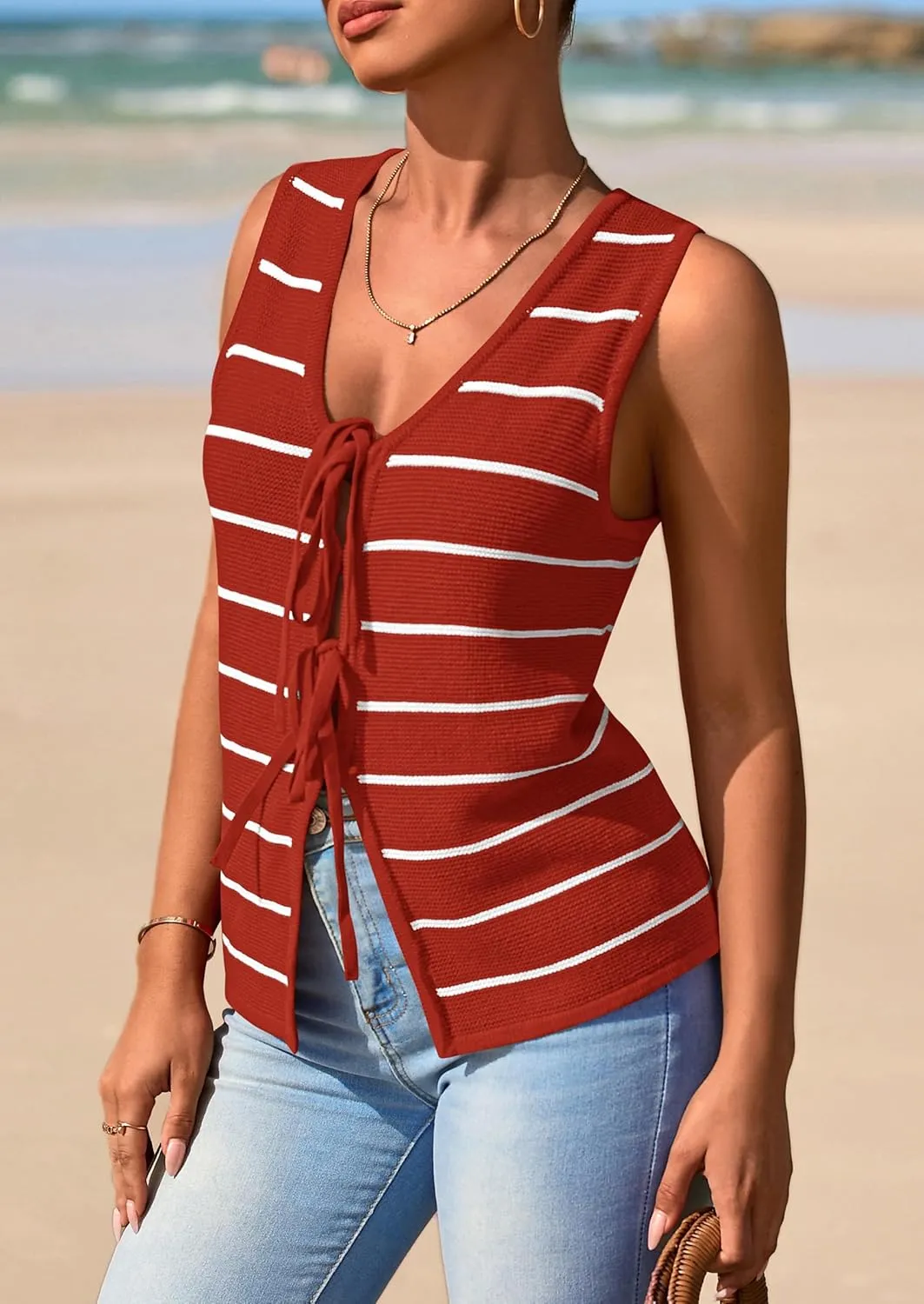 NALANISA Women's 2025 Summer Trendy Tank Tops Crochet Knit V Neck Sleeveless Tie Front Striped Sweater Vests Beach Outfits