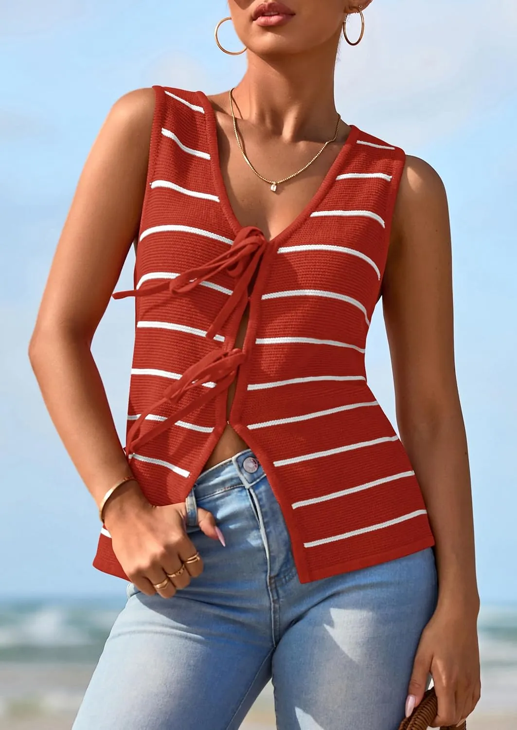NALANISA Women's 2025 Summer Trendy Tank Tops Crochet Knit V Neck Sleeveless Tie Front Striped Sweater Vests Beach Outfits