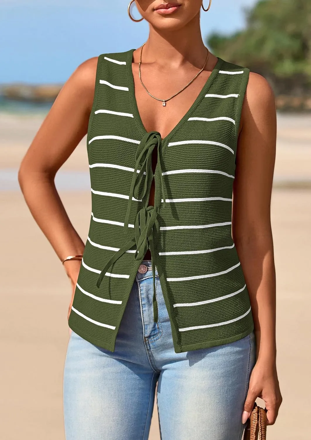 NALANISA Women's 2025 Summer Trendy Tank Tops Crochet Knit V Neck Sleeveless Tie Front Striped Sweater Vests Beach Outfits