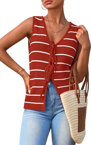 NALANISA Women's 2025 Summer Trendy Tank Tops Crochet Knit V Neck Sleeveless Tie Front Striped Sweater Vests Beach Outfits