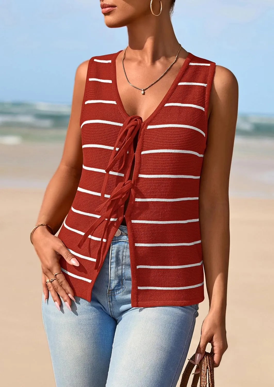 NALANISA Women's 2025 Summer Trendy Tank Tops Crochet Knit V Neck Sleeveless Tie Front Striped Sweater Vests Beach Outfits