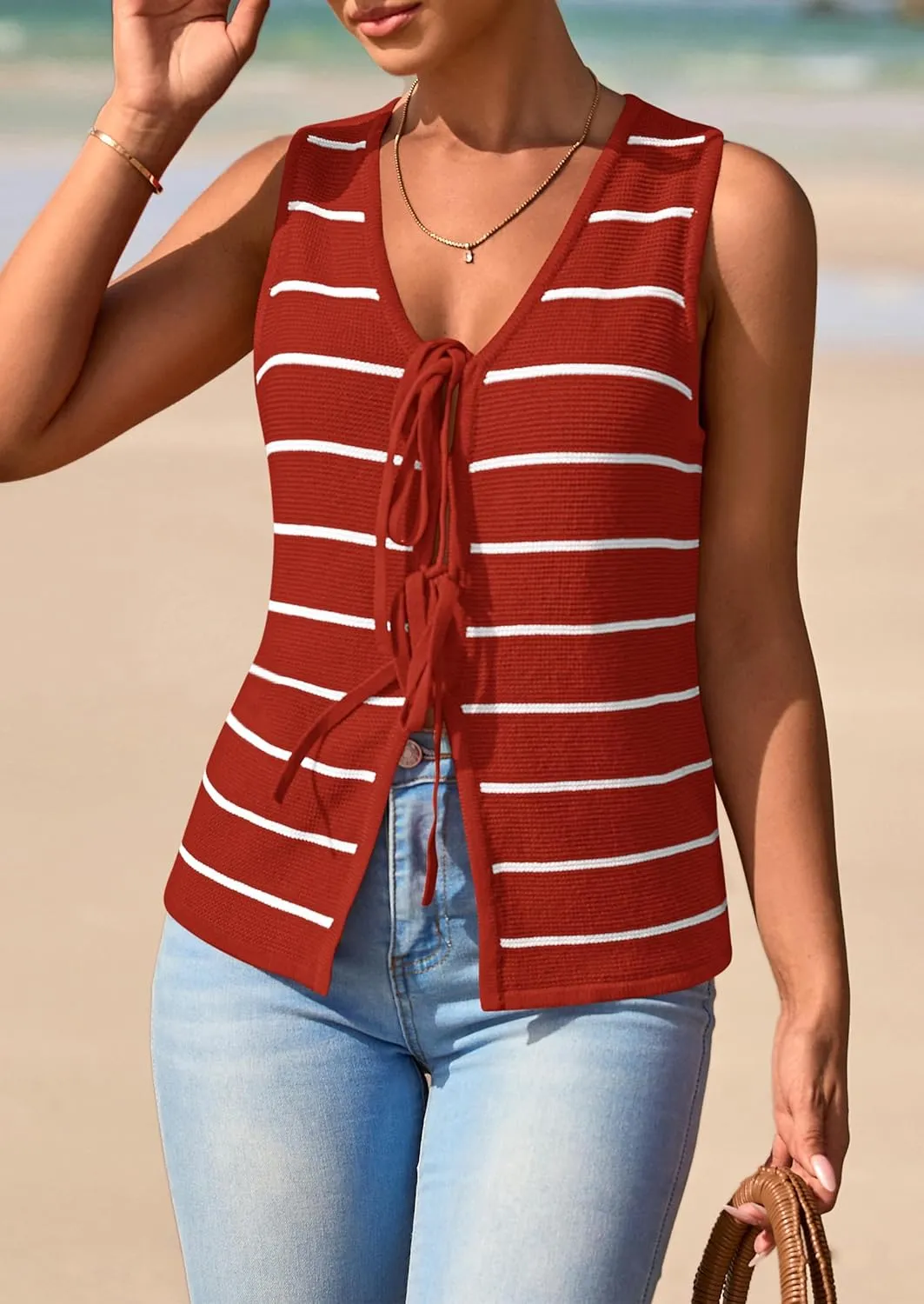 NALANISA Women's 2025 Summer Trendy Tank Tops Crochet Knit V Neck Sleeveless Tie Front Striped Sweater Vests Beach Outfits