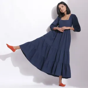 Navy Blue Warm Cotton Waffle Tier Maxi Dress
