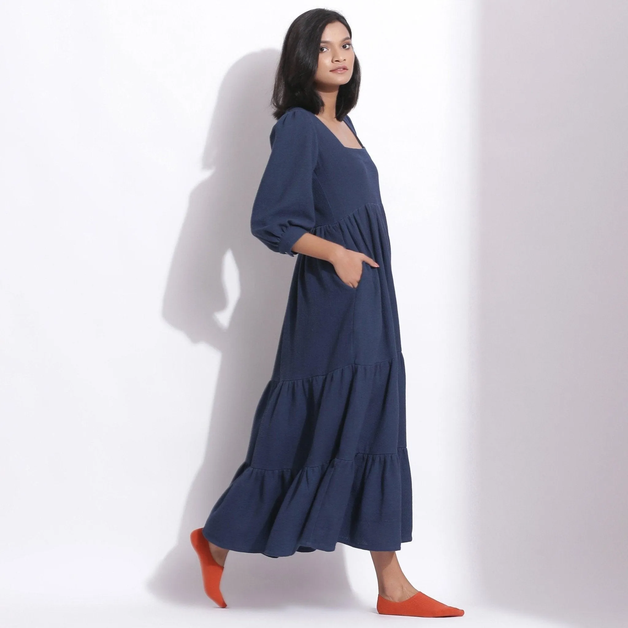Navy Blue Warm Cotton Waffle Tier Maxi Dress