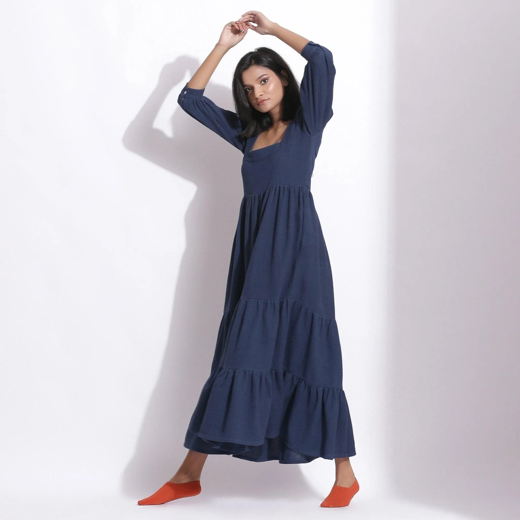 Navy Blue Warm Cotton Waffle Tier Maxi Dress