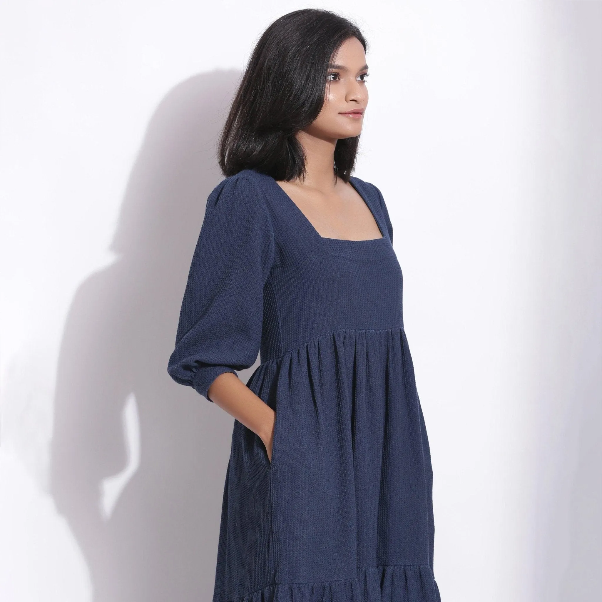 Navy Blue Warm Cotton Waffle Tier Maxi Dress