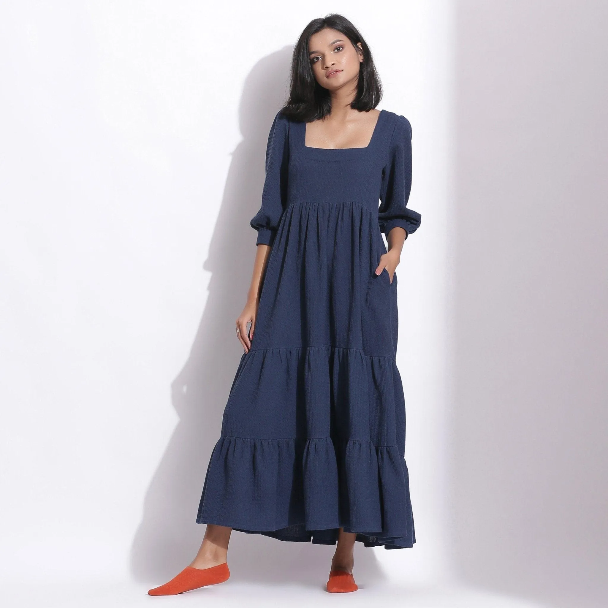 Navy Blue Warm Cotton Waffle Tier Maxi Dress