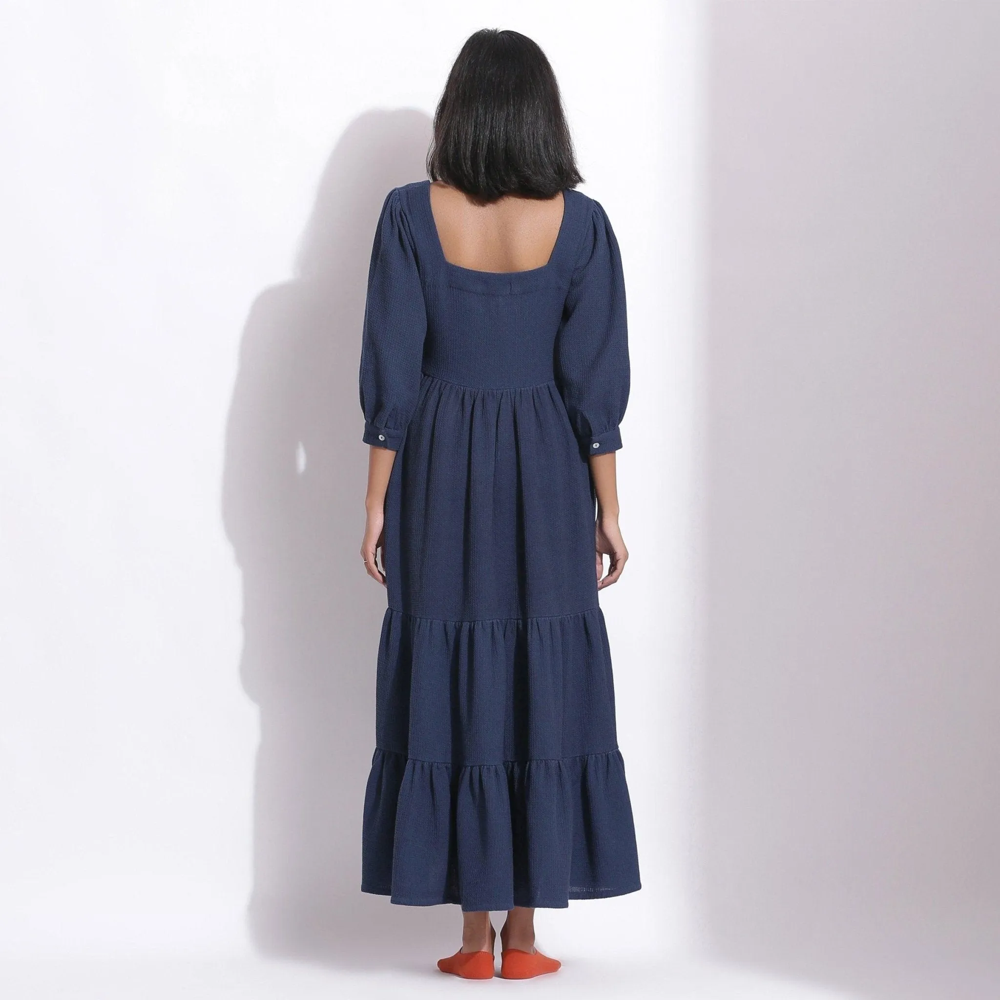 Navy Blue Warm Cotton Waffle Tier Maxi Dress