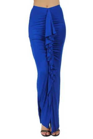 New Womens Fashion Style Ruffle Up Body Ruched Maxi Skirt Blue