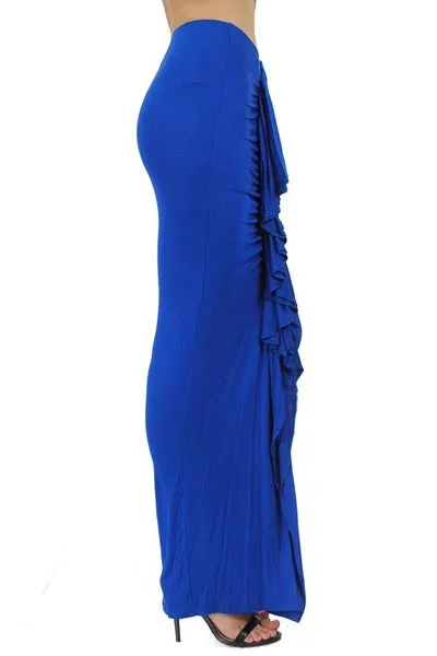 New Womens Fashion Style Ruffle Up Body Ruched Maxi Skirt Blue