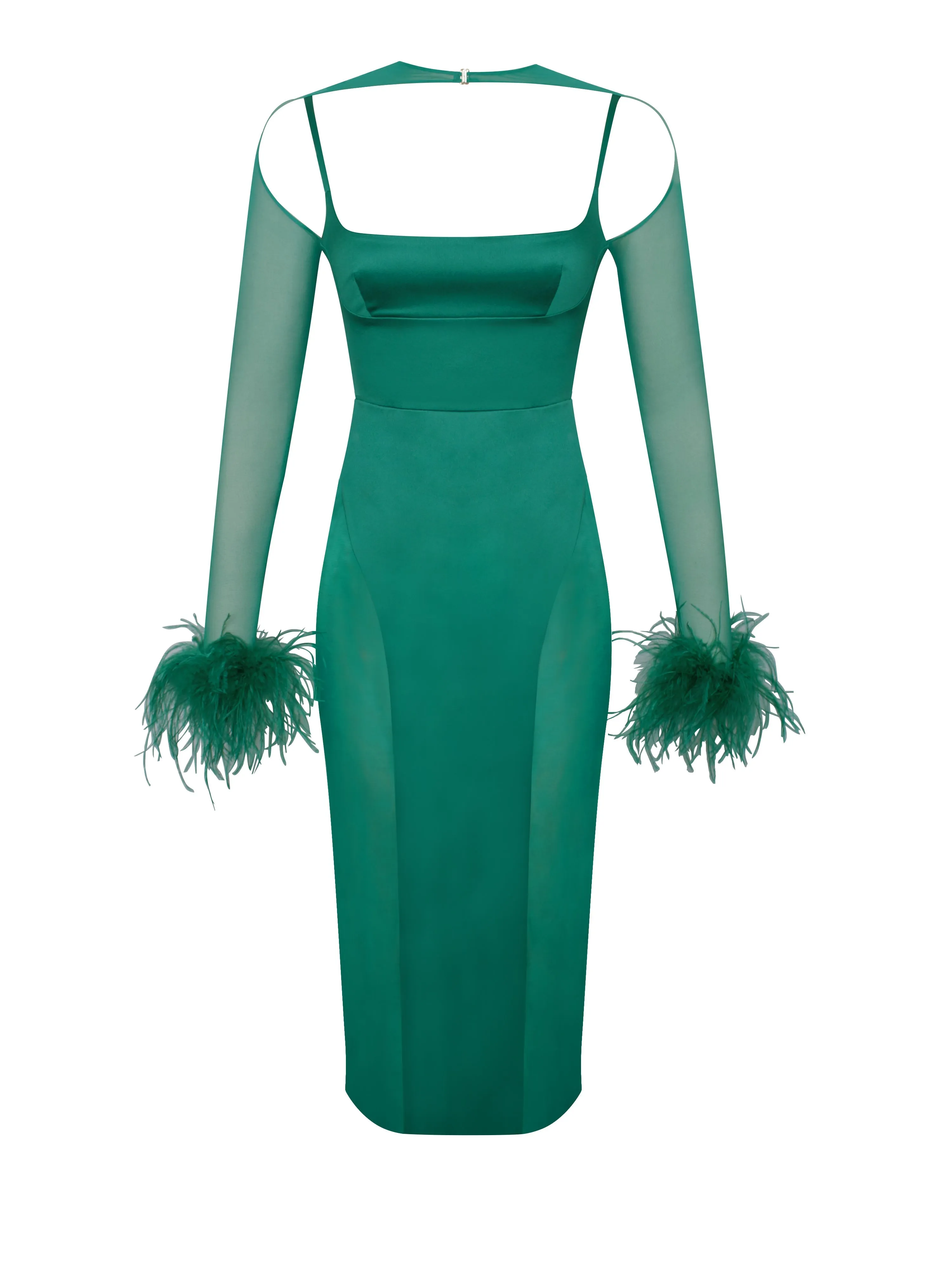 Oaklie Emerald Green Satin Graceful Mesh Sleeve Dress With Feathers