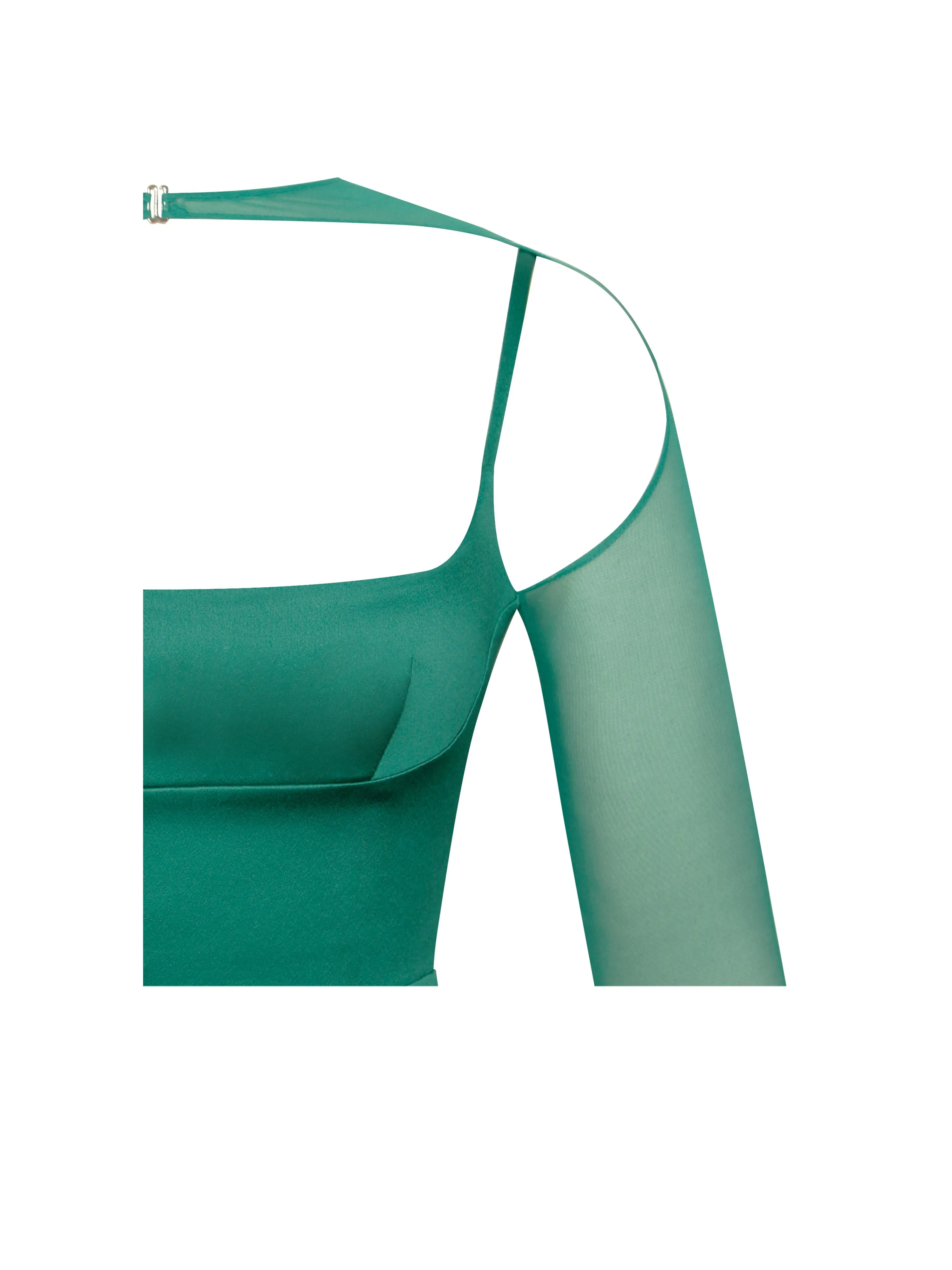 Oaklie Emerald Green Satin Graceful Mesh Sleeve Dress With Feathers