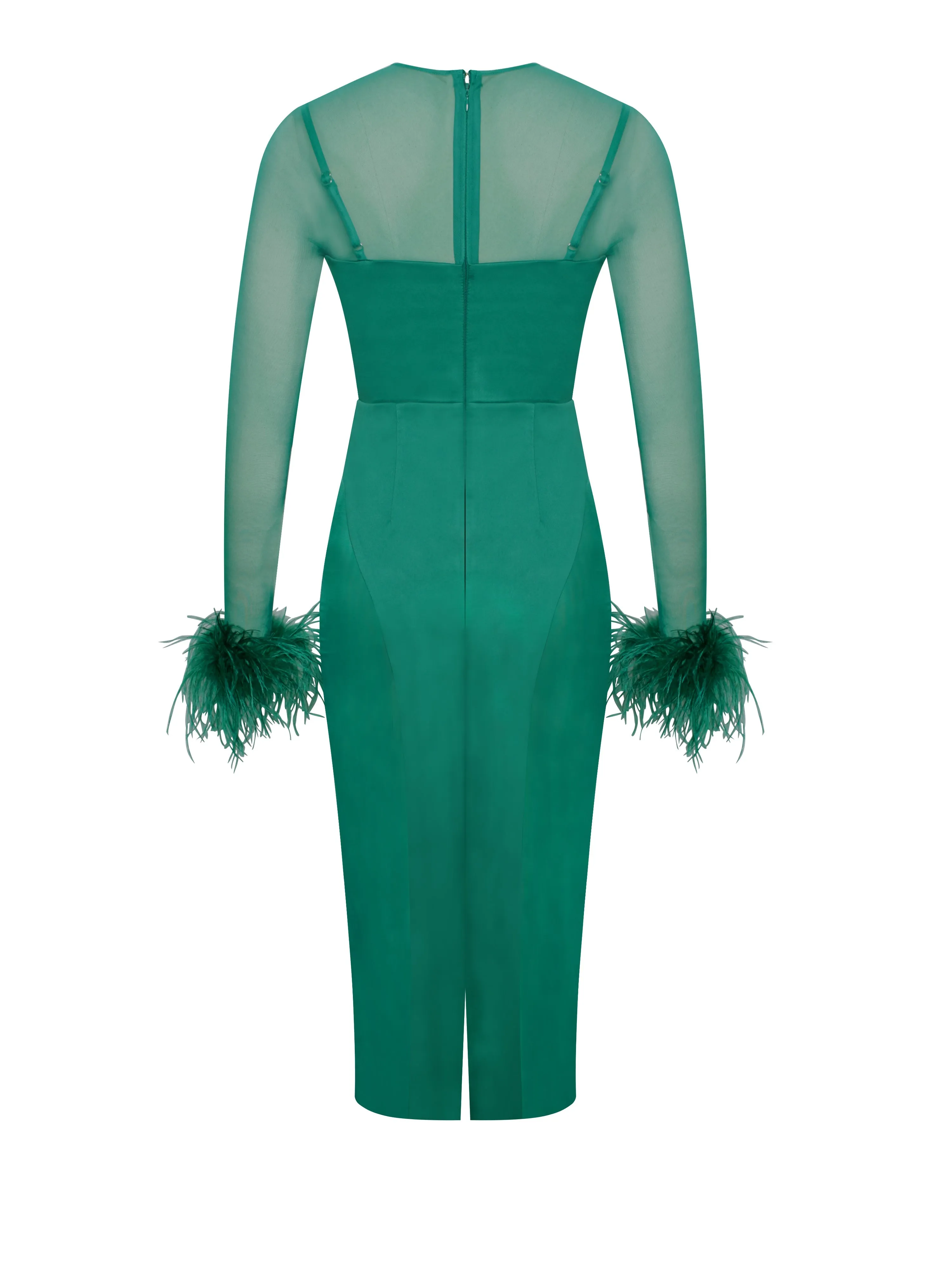 Oaklie Emerald Green Satin Graceful Mesh Sleeve Dress With Feathers