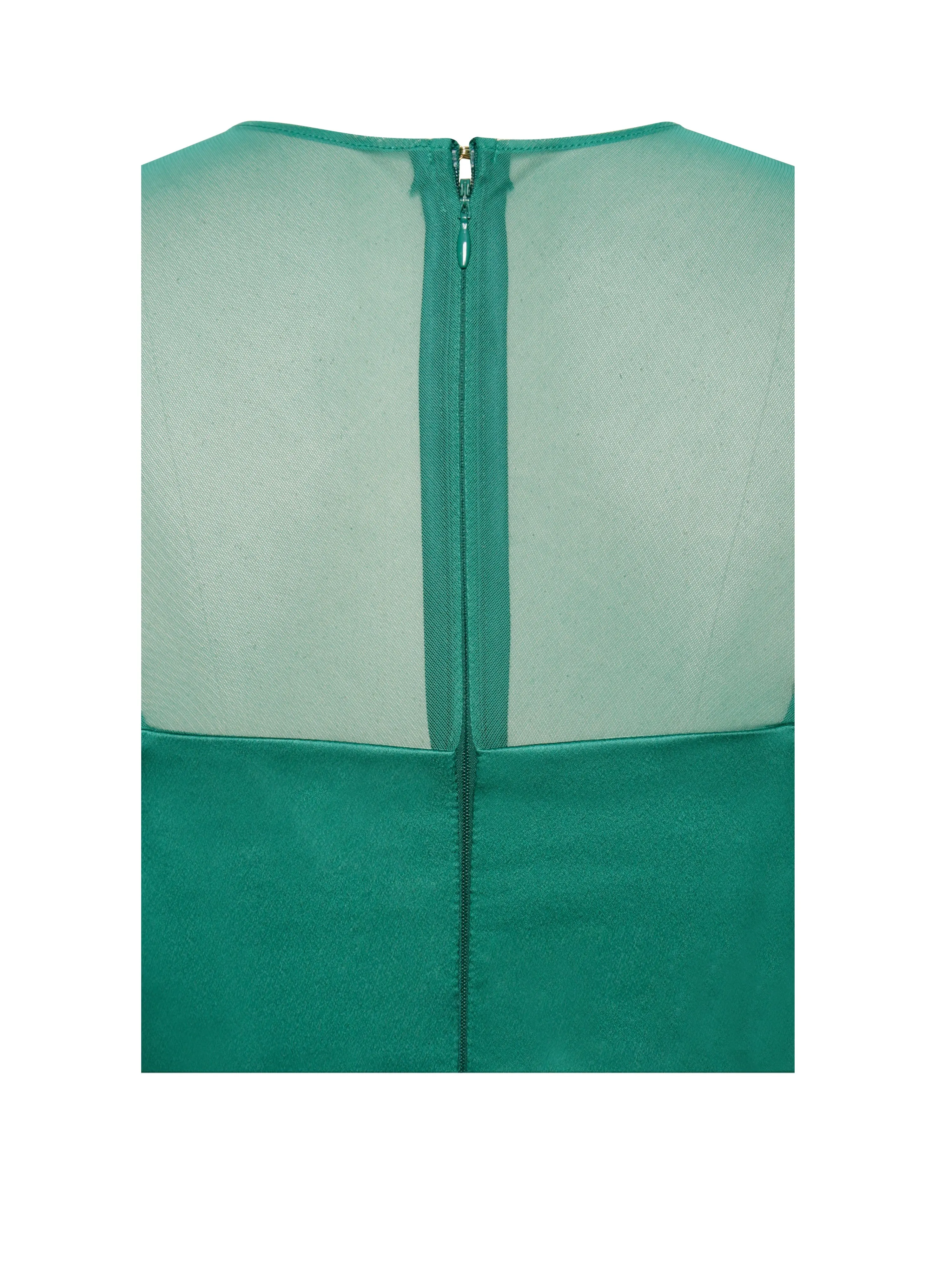 Oaklie Emerald Green Satin Graceful Mesh Sleeve Dress With Feathers