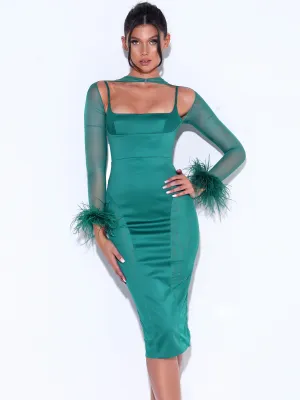 Oaklie Emerald Green Satin Graceful Mesh Sleeve Dress With Feathers