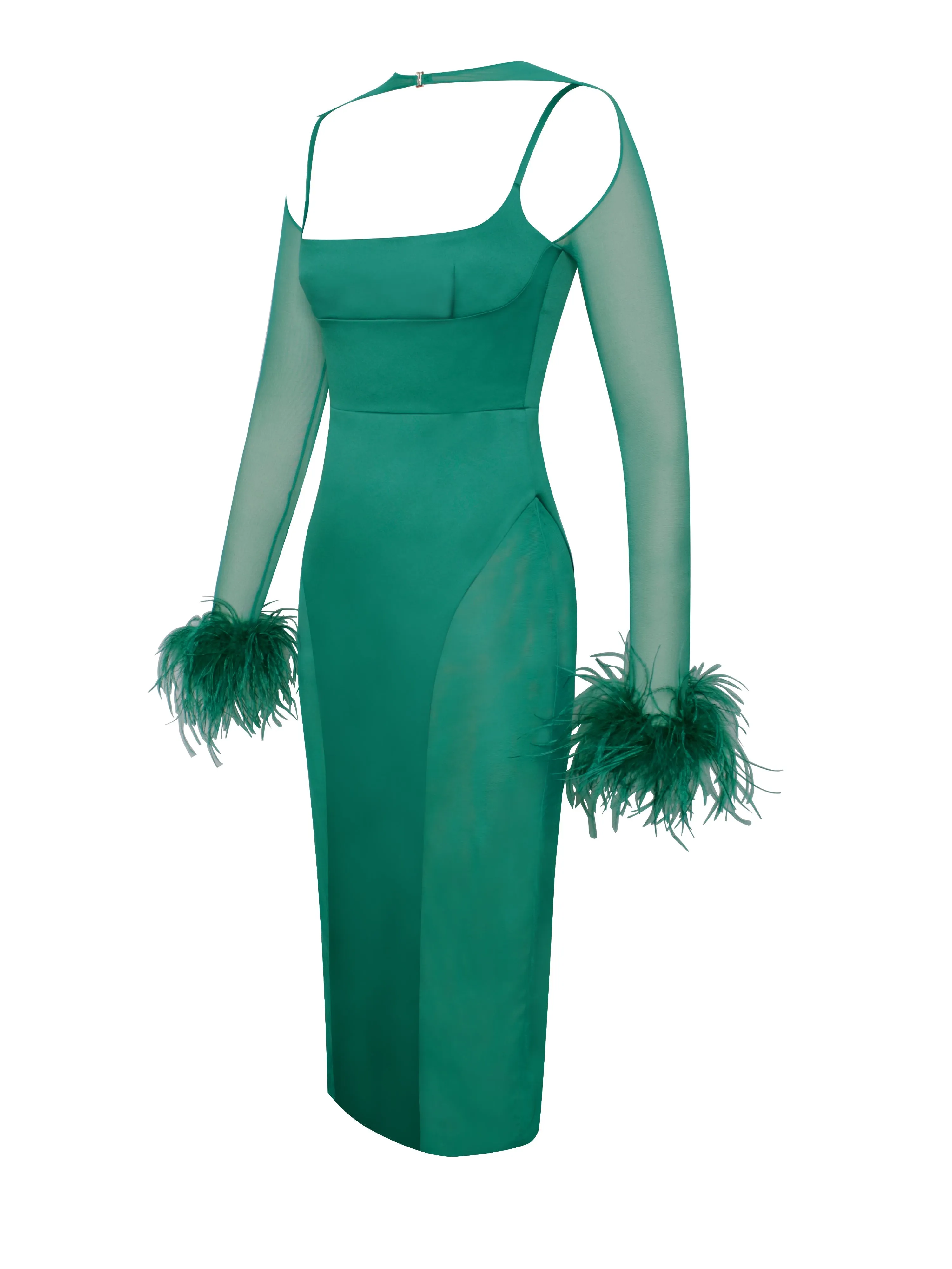 Oaklie Emerald Green Satin Graceful Mesh Sleeve Dress With Feathers