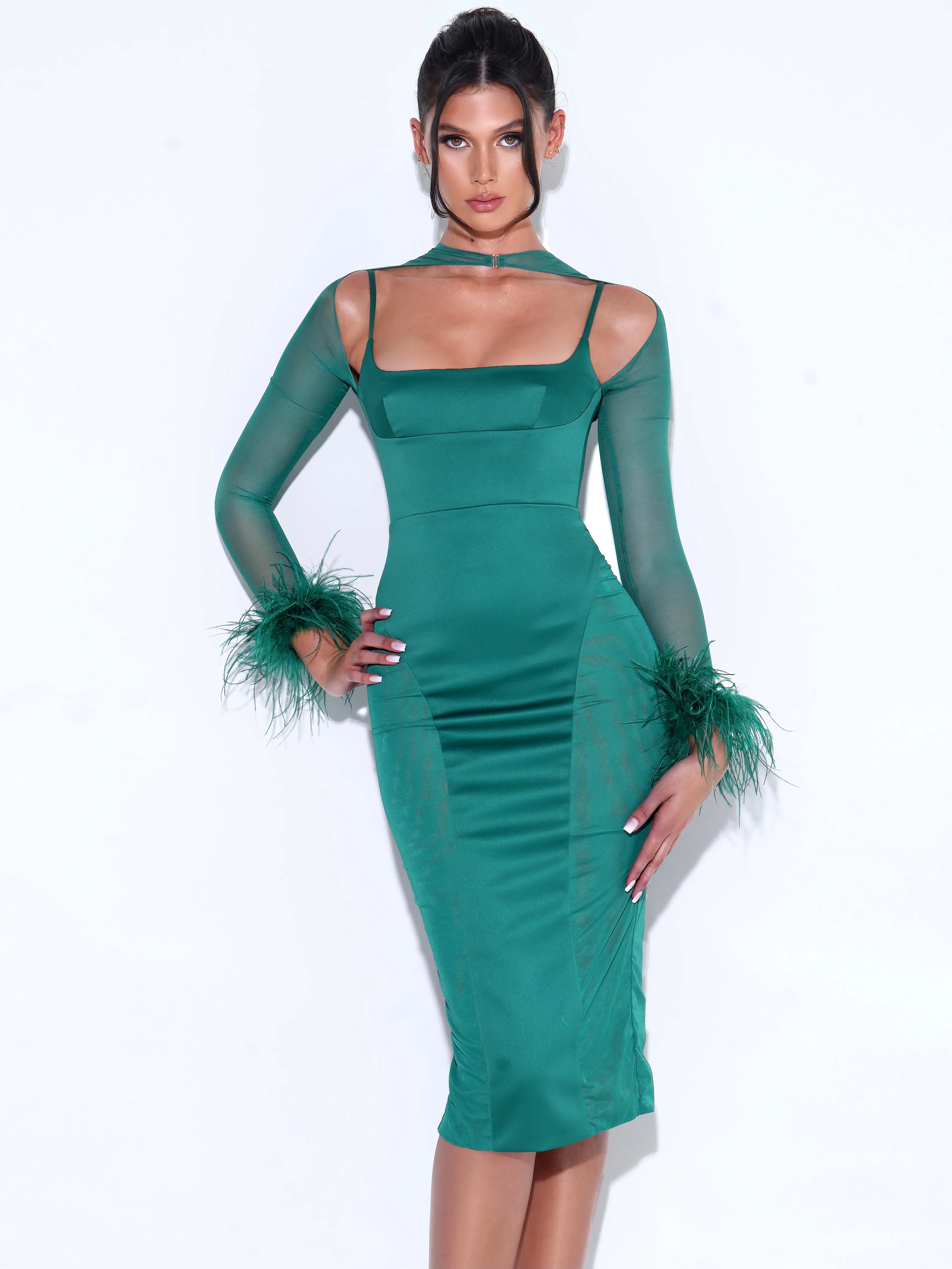 Oaklie Emerald Green Satin Graceful Mesh Sleeve Dress With Feathers