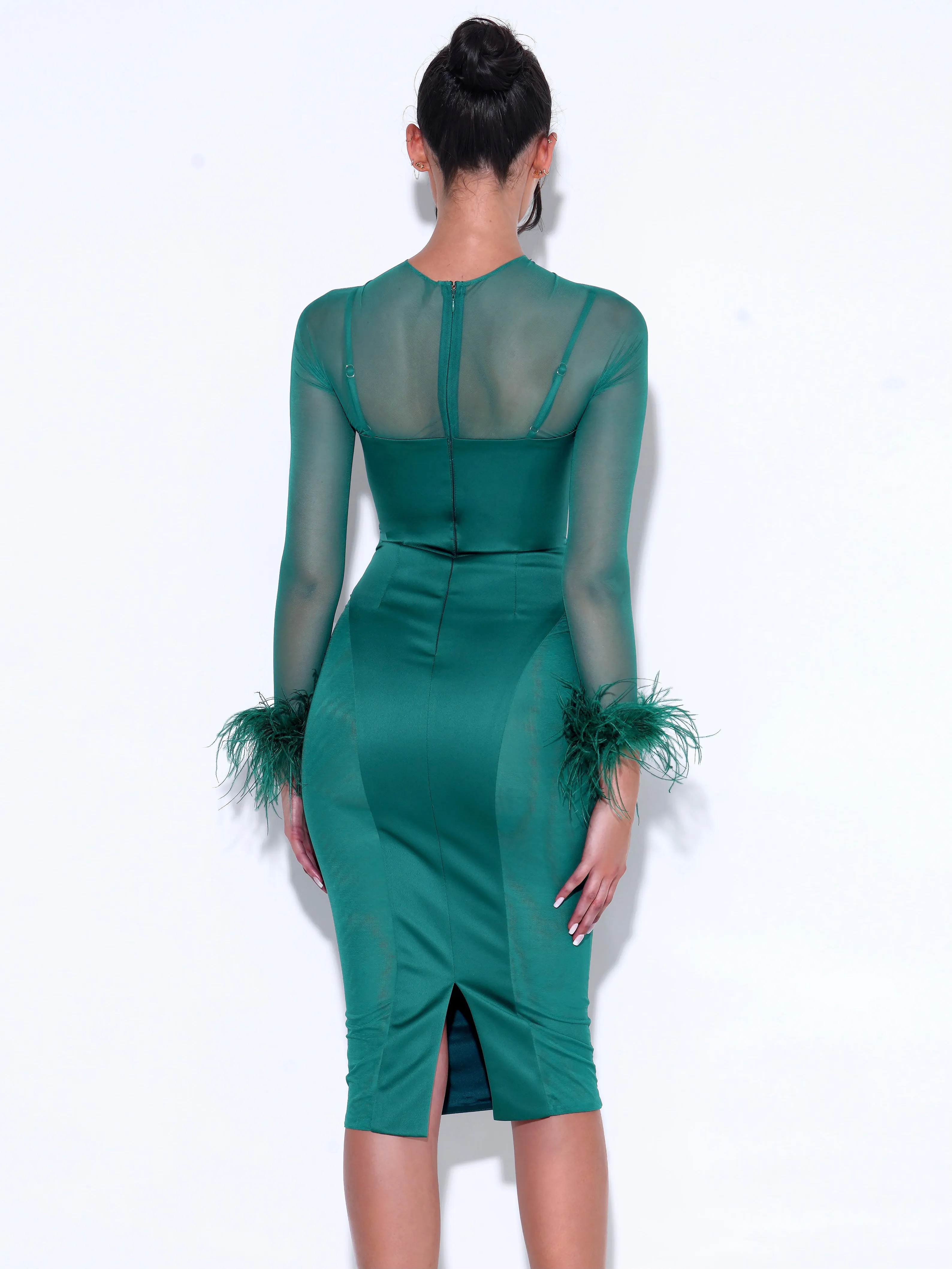 Oaklie Emerald Green Satin Graceful Mesh Sleeve Dress With Feathers