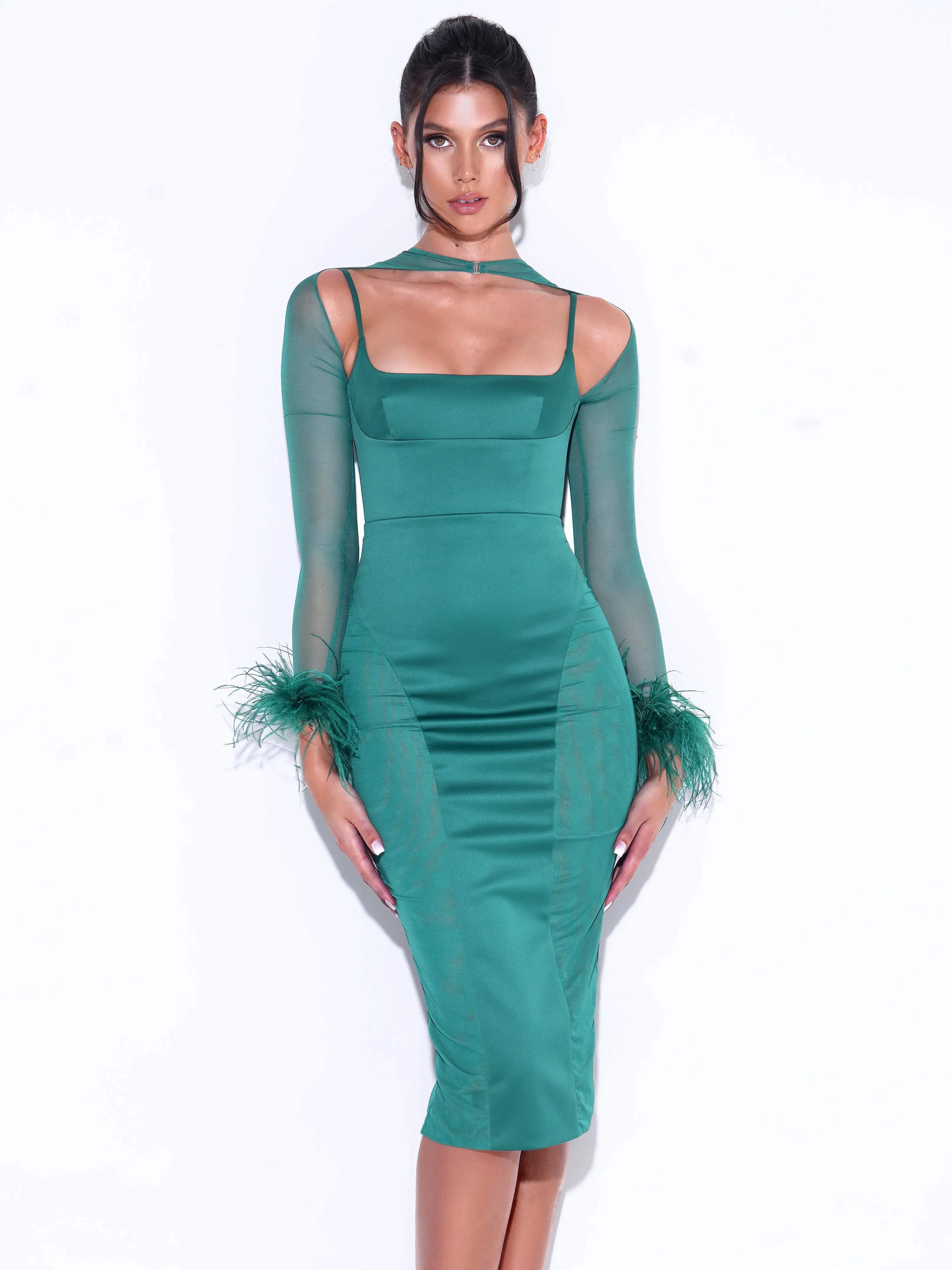 Oaklie Emerald Green Satin Graceful Mesh Sleeve Dress With Feathers