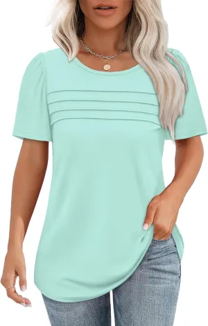 OFEEFAN Womens T Shirts Short Sleeve Tops Dressy Casual Blouses Spring Summer Outfits Flowy Pleated Front Scooped Neck