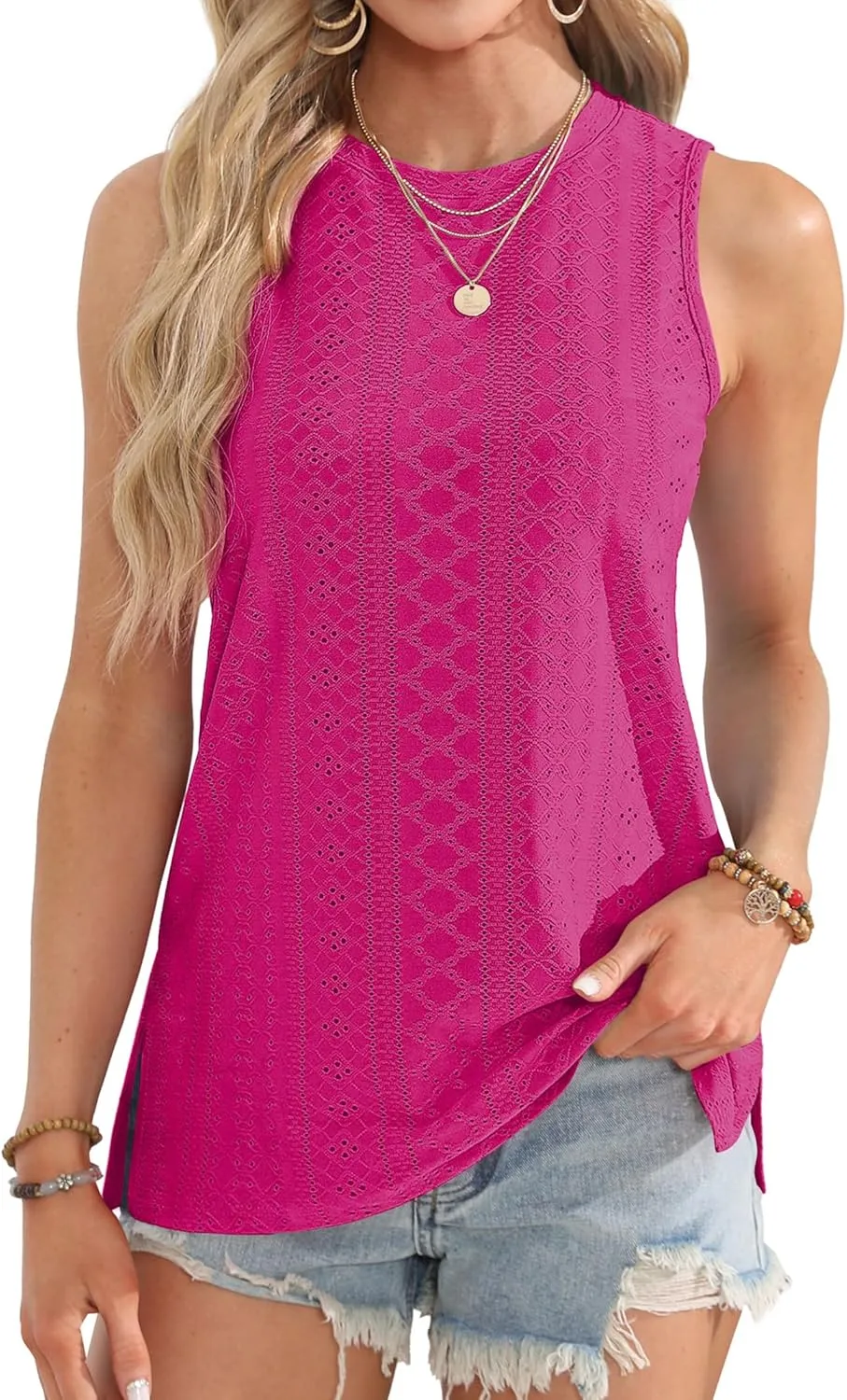 OFEEFAN Womens Tank Tops High Neck Summer Tops Eyelet Sleeveless Shirts Loose Fit 2025