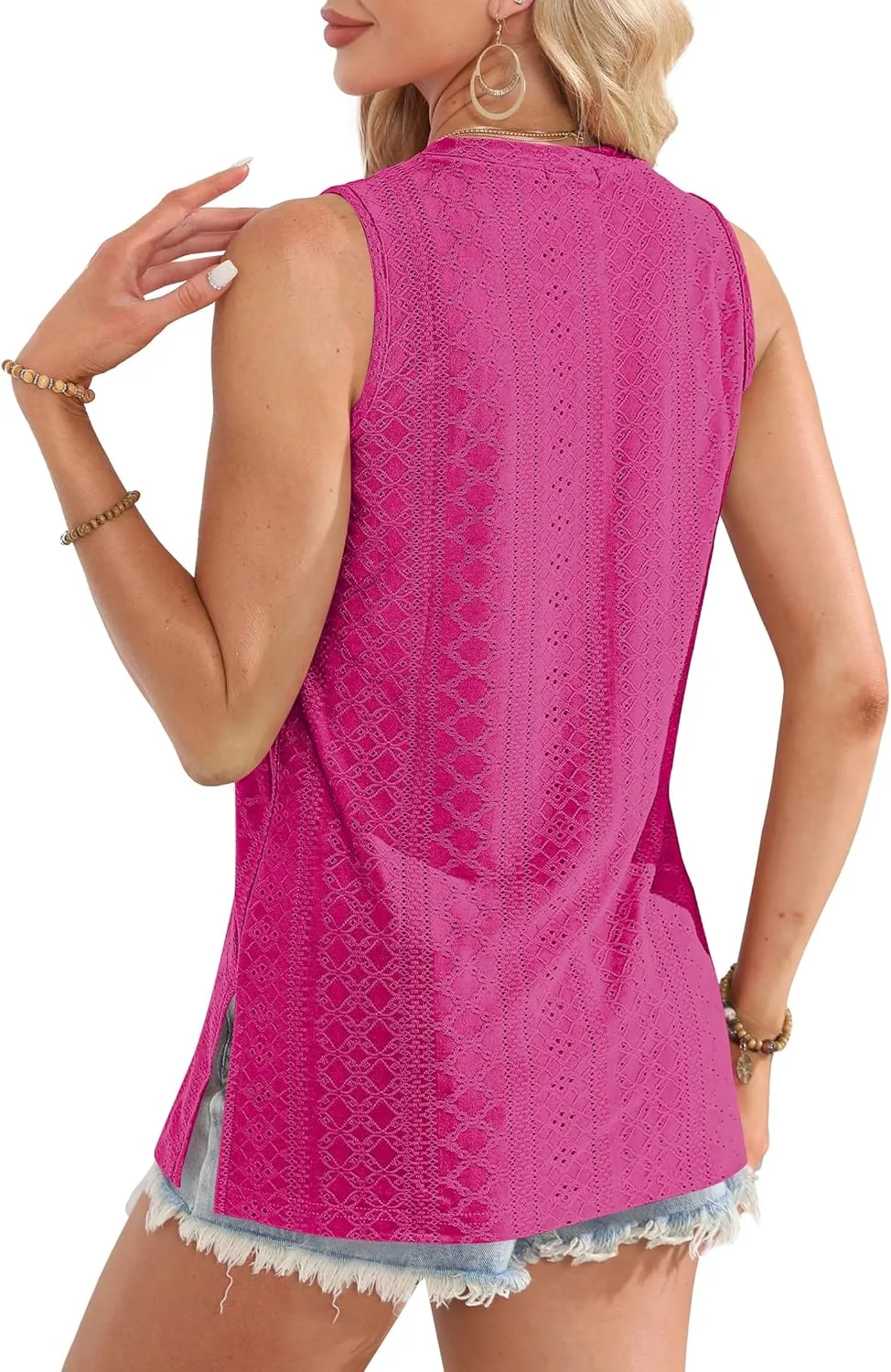OFEEFAN Womens Tank Tops High Neck Summer Tops Eyelet Sleeveless Shirts Loose Fit 2025