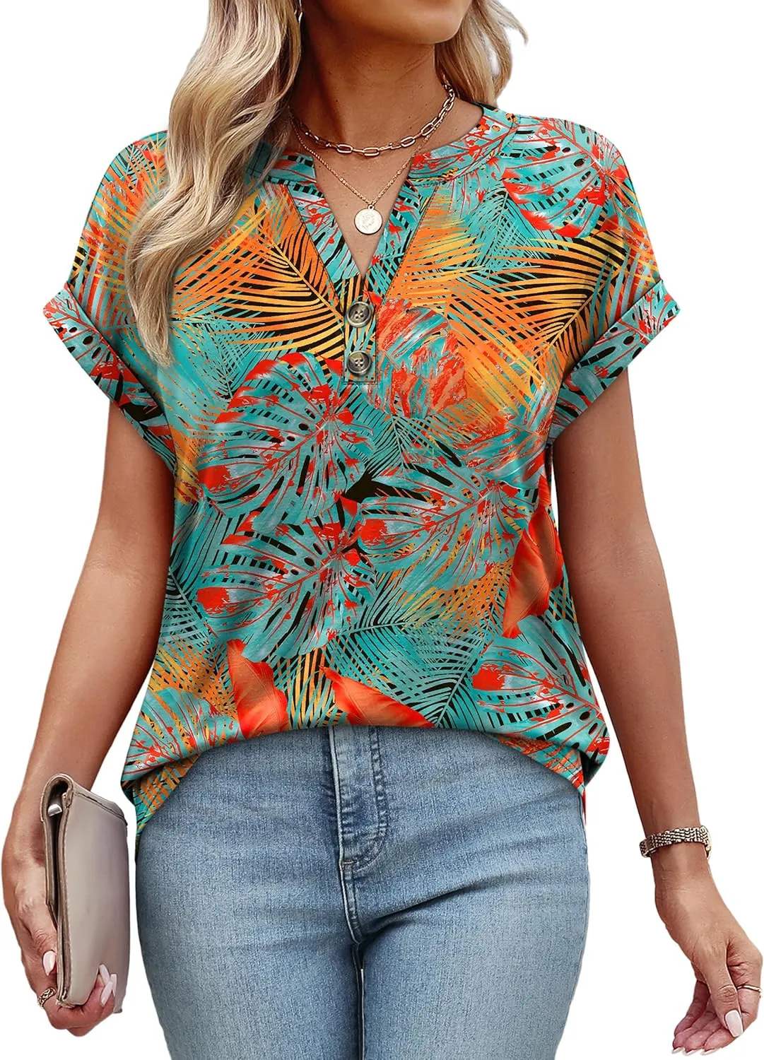 OFEEFAN Womens Tops and Blouses Dressy Casual V Neck Tshirts Short Sleeve Summer Clothes Trendy 2025