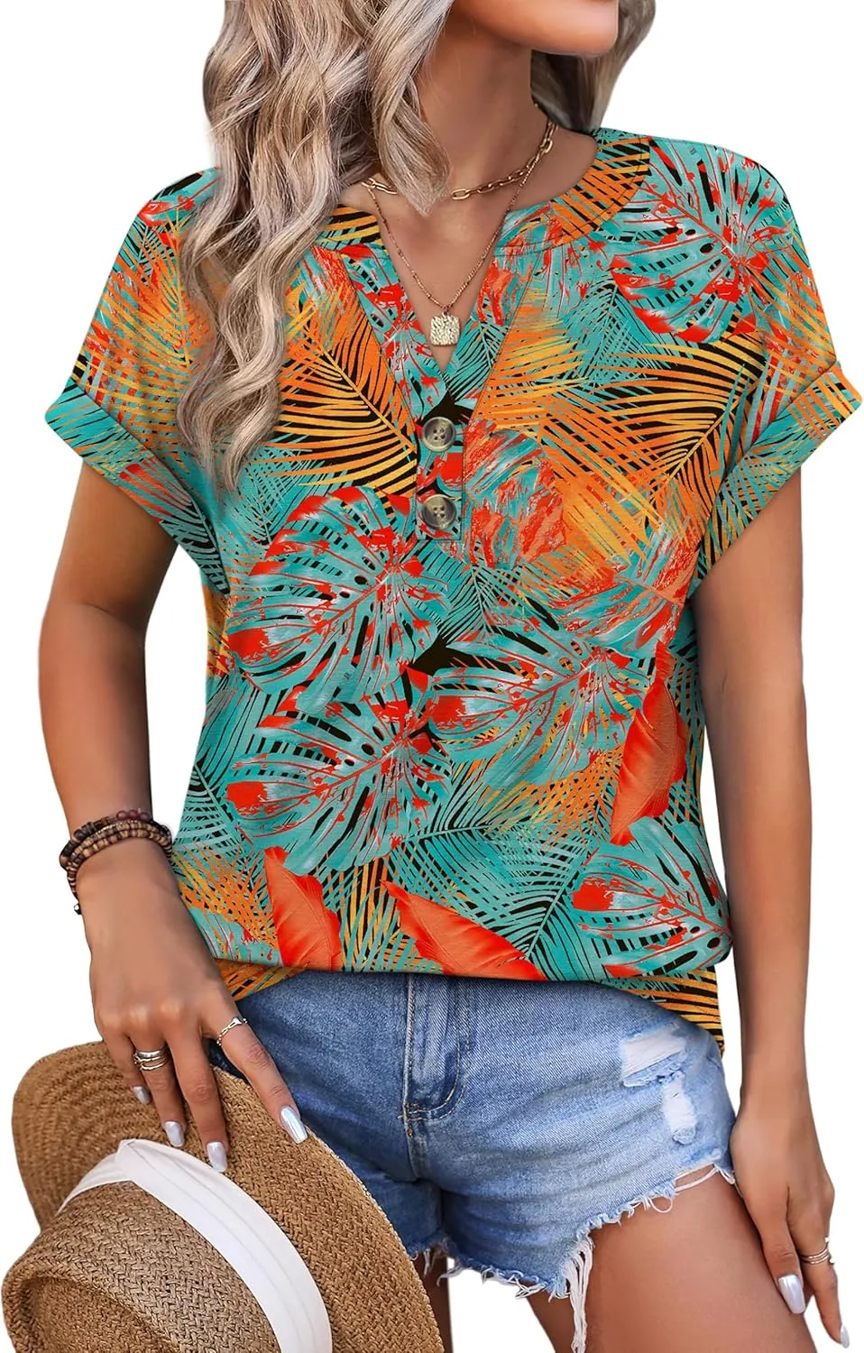 OFEEFAN Womens Tops and Blouses Dressy Casual V Neck Tshirts Short Sleeve Summer Clothes Trendy 2025