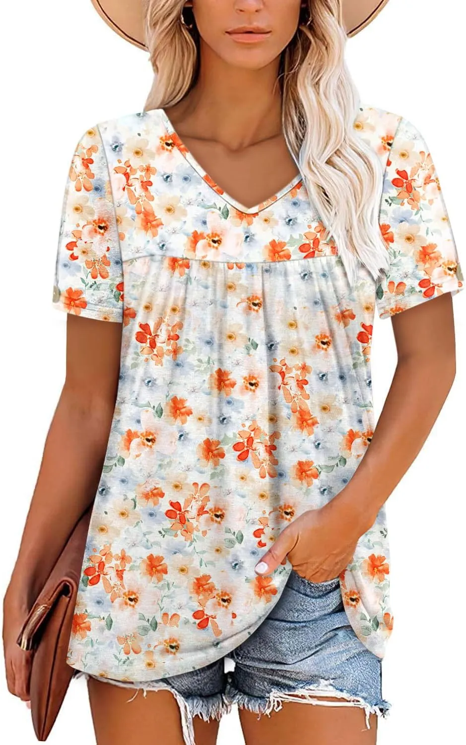 ONLYSHE Women Trendy Summer Shirts and Blouses Short Sleeve Tunic Tops V Neck Loose Fit Casual Tees