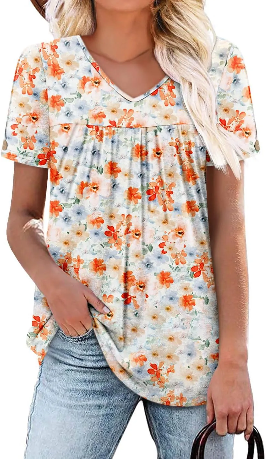 ONLYSHE Women Trendy Summer Shirts and Blouses Short Sleeve Tunic Tops V Neck Loose Fit Casual Tees