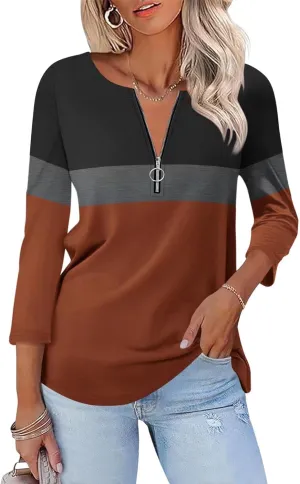 ORANDESIGNE Womens 3/4 Length Sleeve Tops Summer Color Block Zipper T Shirts Casual Ladies Tees