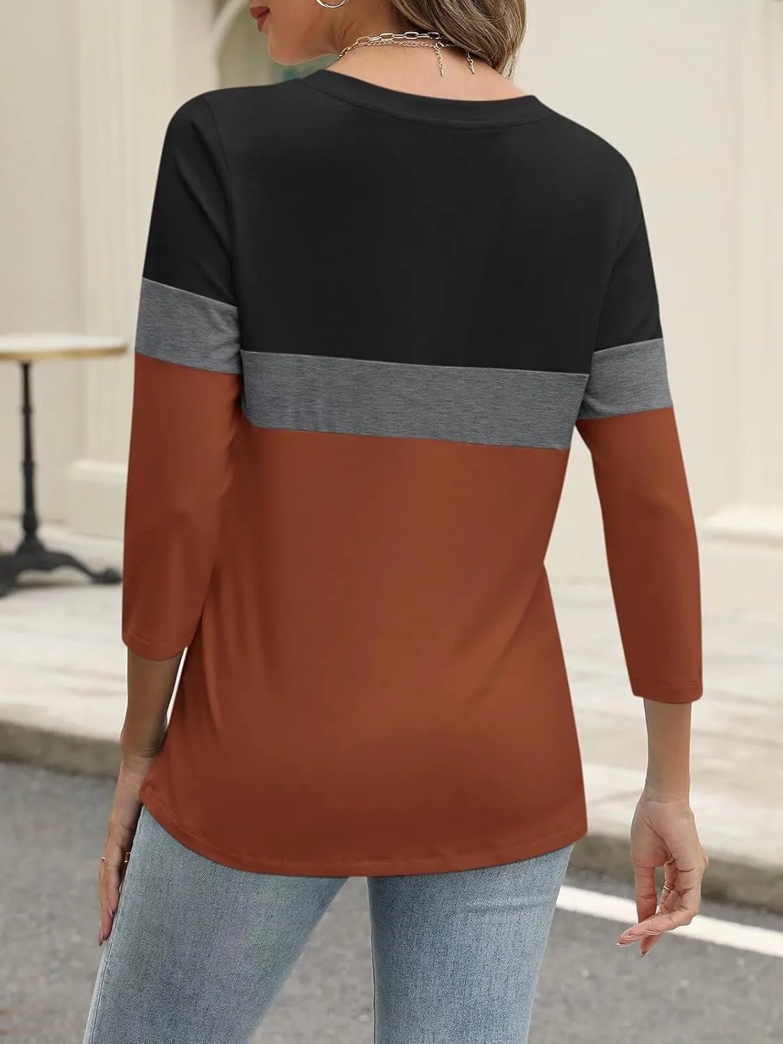 ORANDESIGNE Womens 3/4 Length Sleeve Tops Summer Color Block Zipper T Shirts Casual Ladies Tees